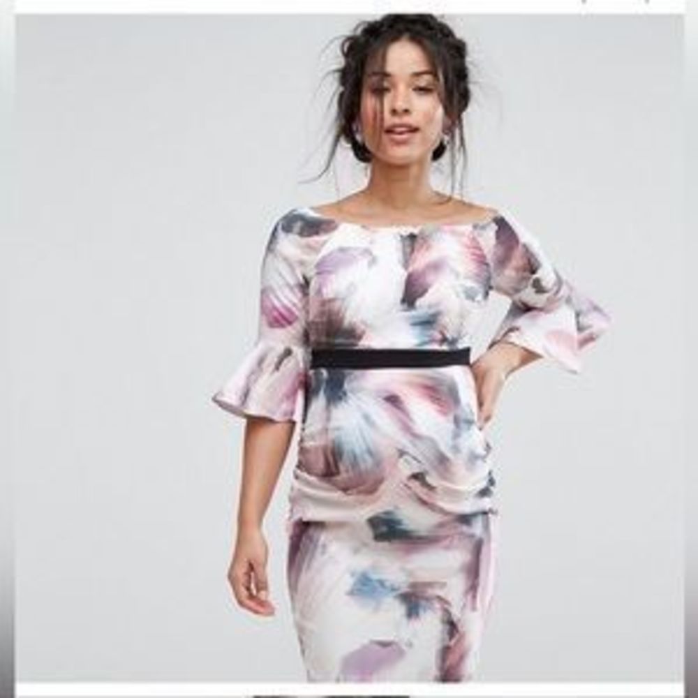 Little Mistress Women's Maternity Off The Shoulder Bell Sleeve Party Dress Size